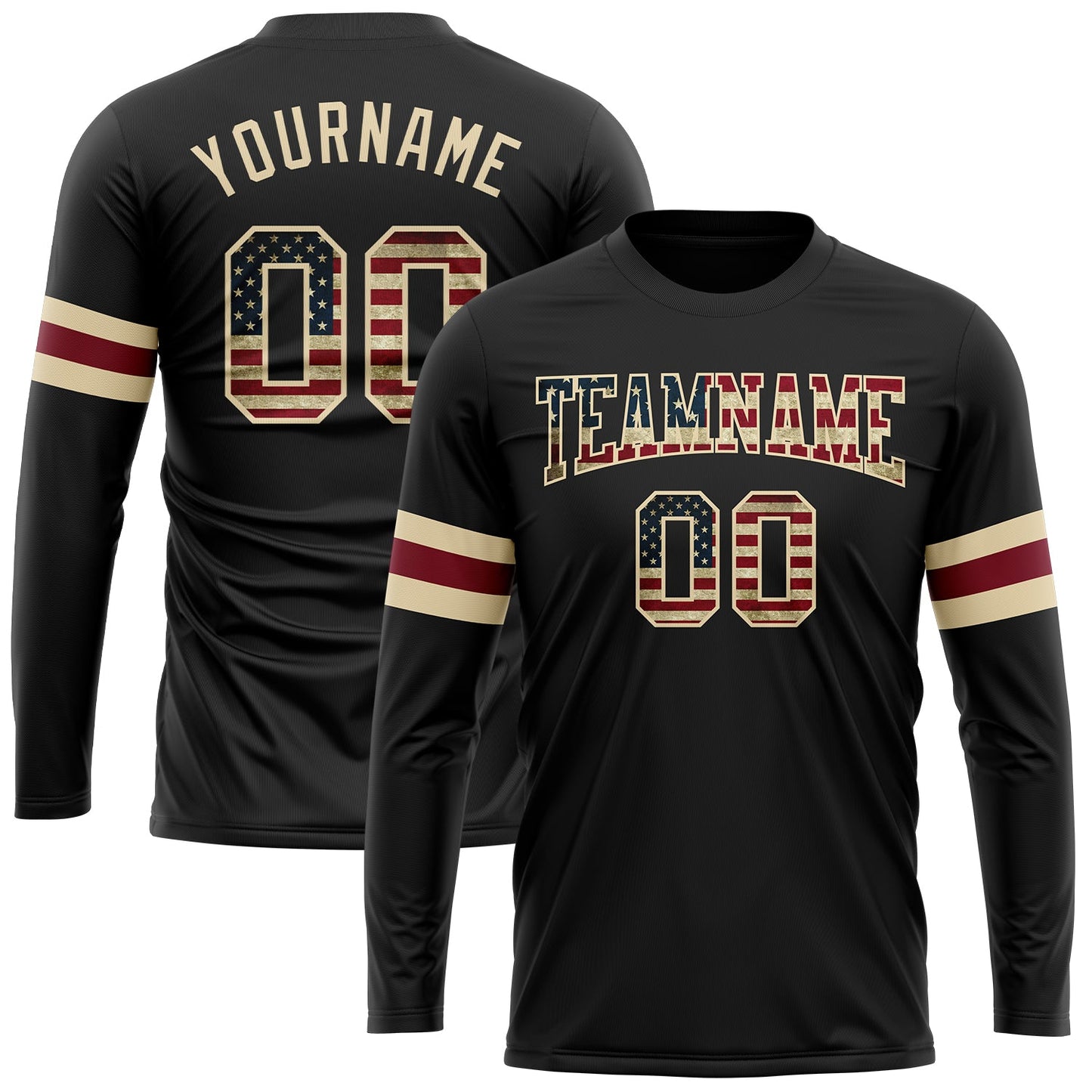 Custom Black Vintage USA Flag Crimson-Cream Long Sleeve Performance T-Shirt - Main View