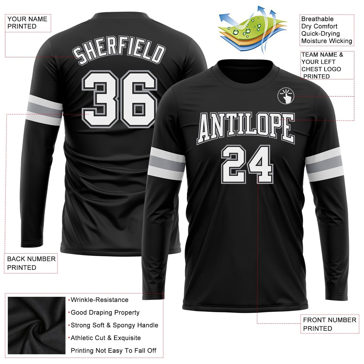 Custom Black White-Gray Long Sleeve Performance T-Shirt view 3