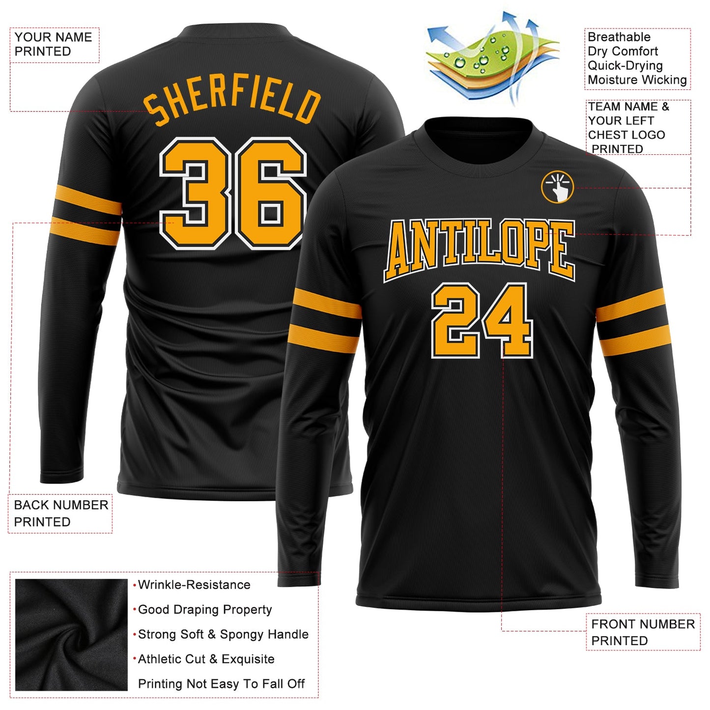 Custom Black Gold-White Long Sleeve Performance T-Shirt view 3
