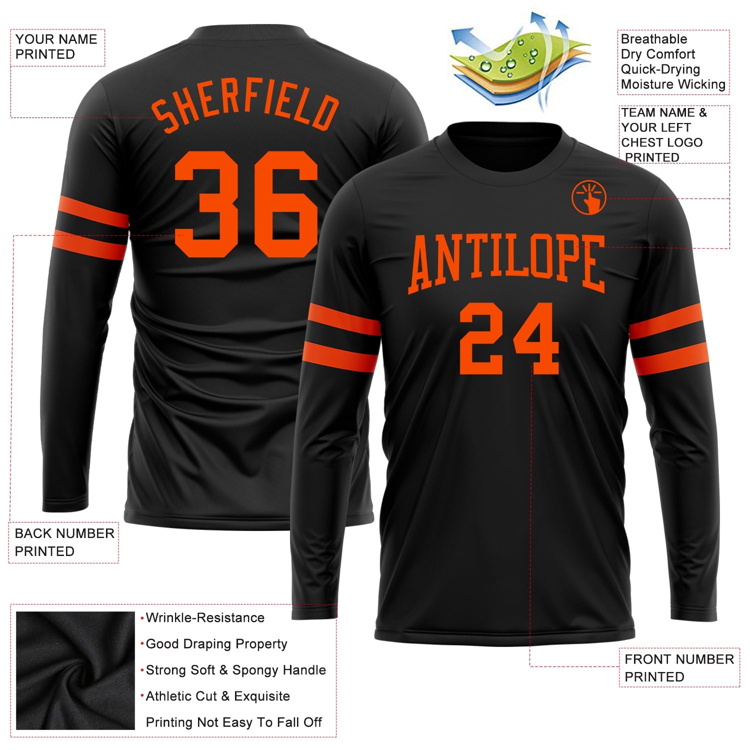 Custom Black Orange Long Sleeve Performance T-Shirt view 3
