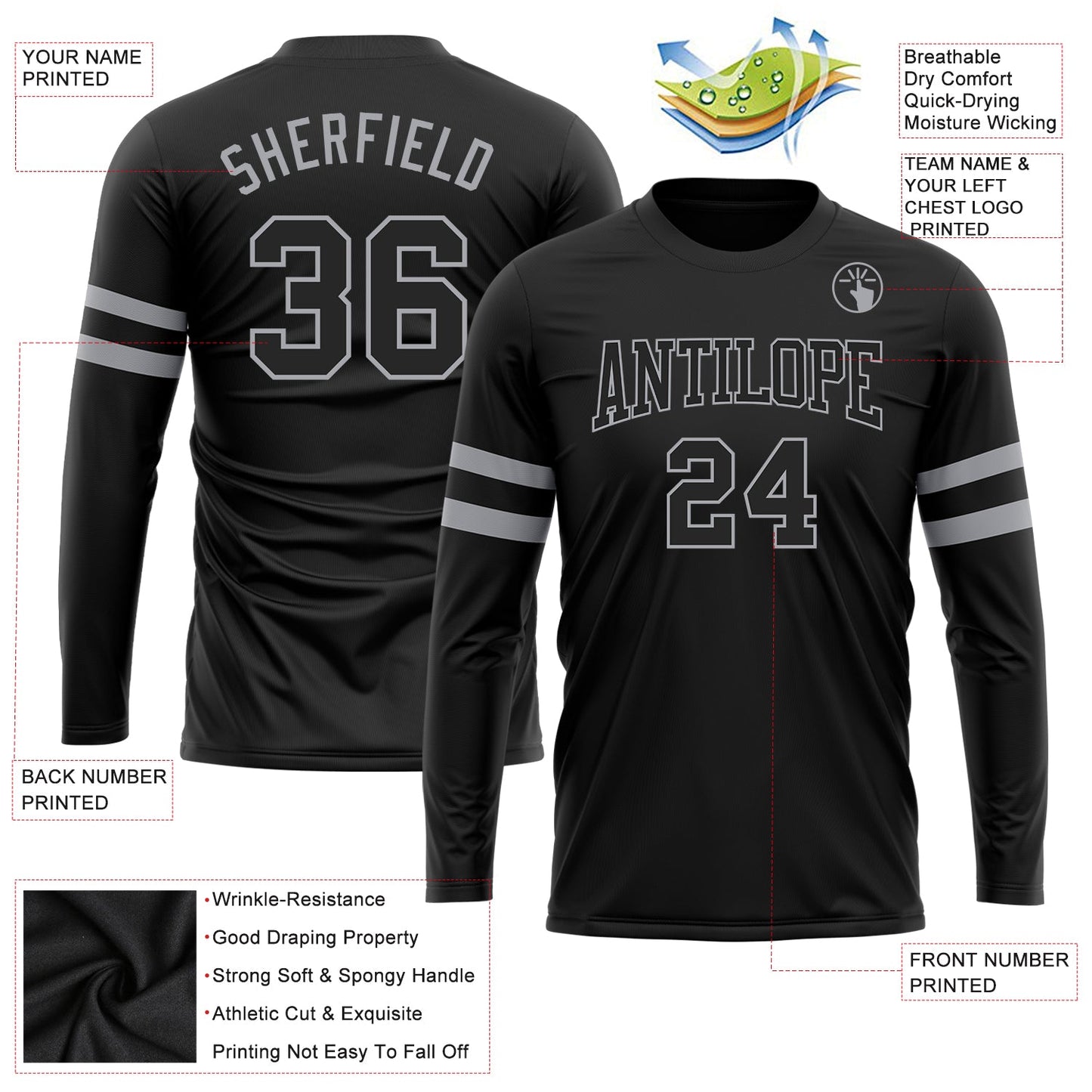 Custom Black Black-Gray Long Sleeve Performance T-Shirt view 3