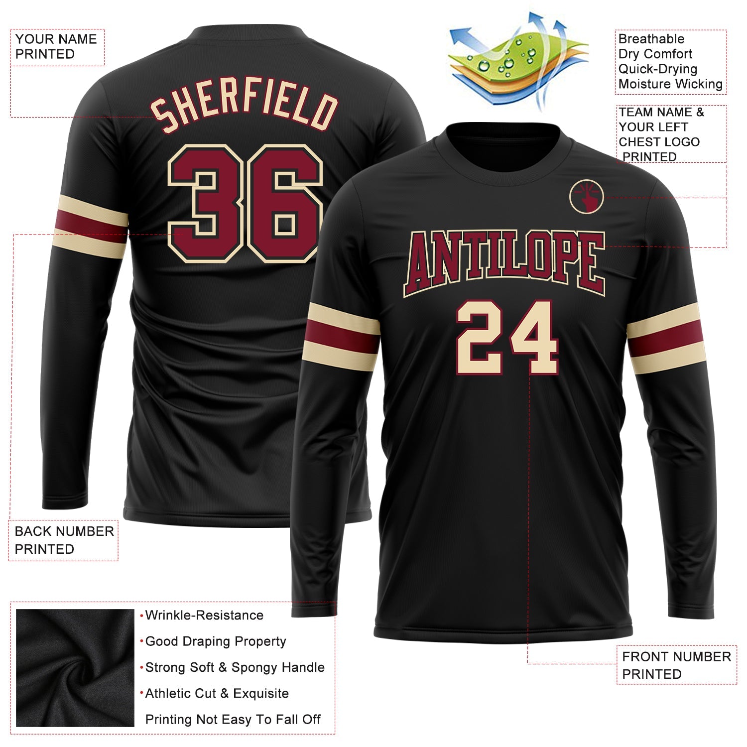 Custom Black Crimson-Cream Long Sleeve Performance T-Shirt view 3