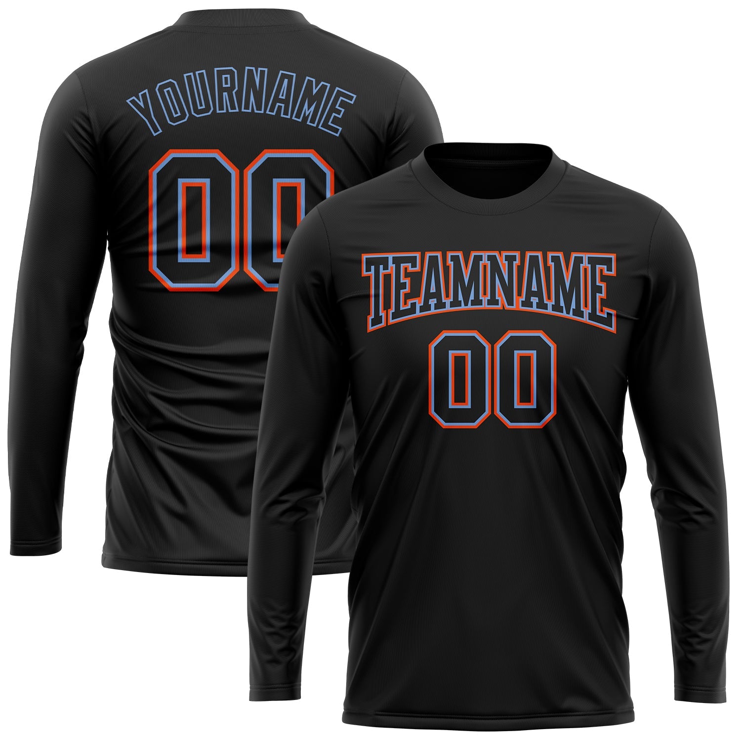 Custom Black Black Powder Blue-Orange Long Sleeve Performance T-Shirt view 2