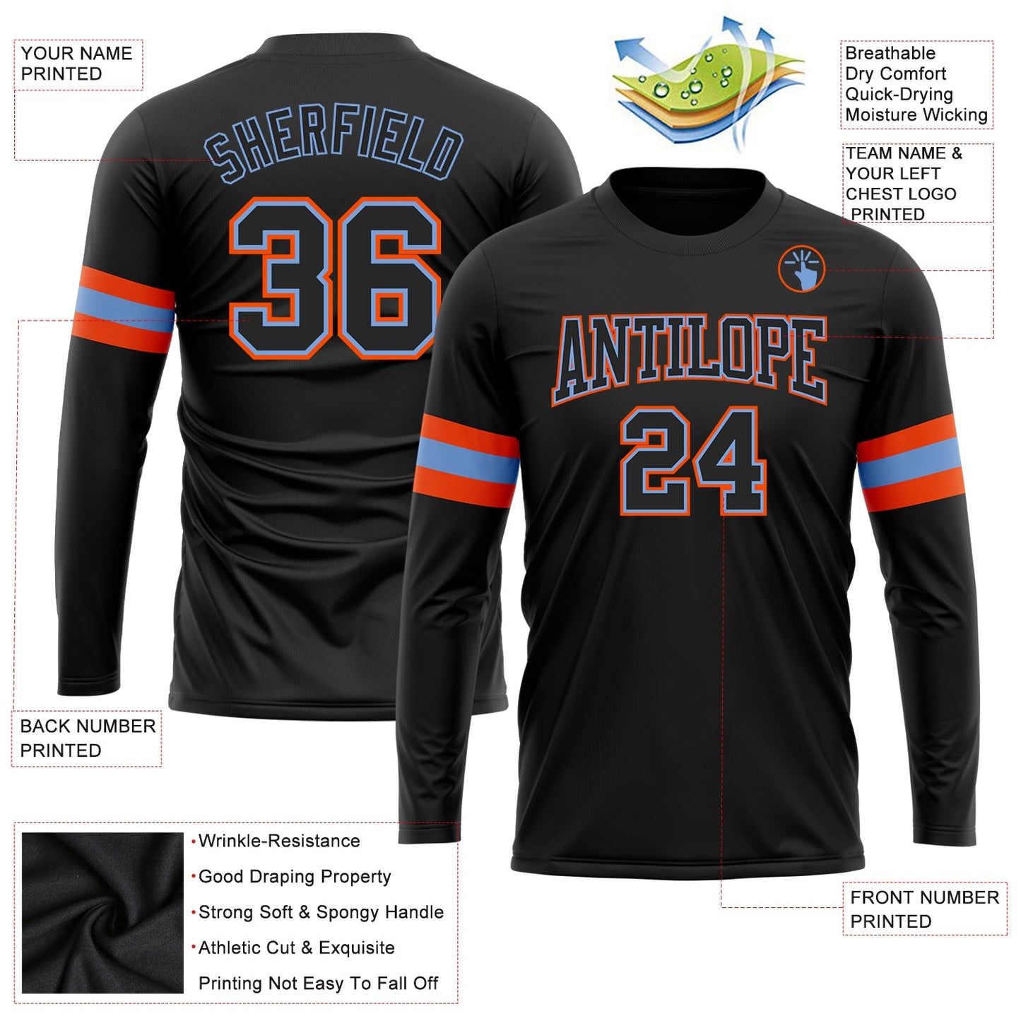 Custom Black Black Powder Blue-Orange Long Sleeve Performance T-Shirt view 3