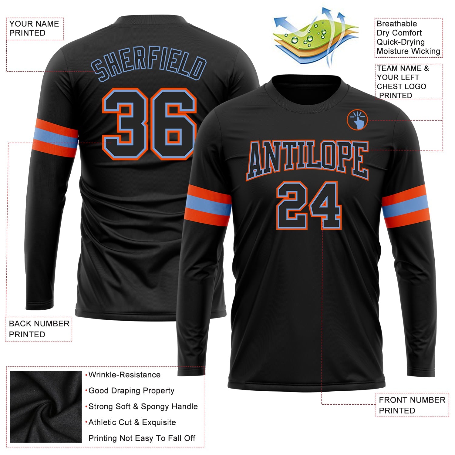Custom Black Black Powder Blue-Orange Long Sleeve Performance T-Shirt view 3