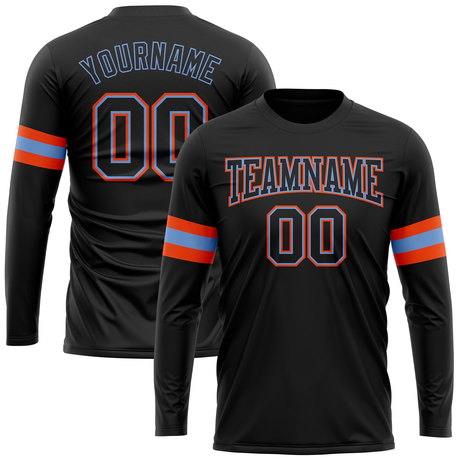 Custom Black Black Powder Blue-Orange Long Sleeve Performance T-Shirt - Main View