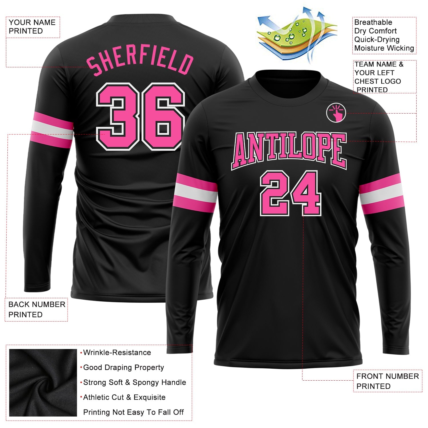 Custom Black Pink-White Long Sleeve Performance T-Shirt view 3