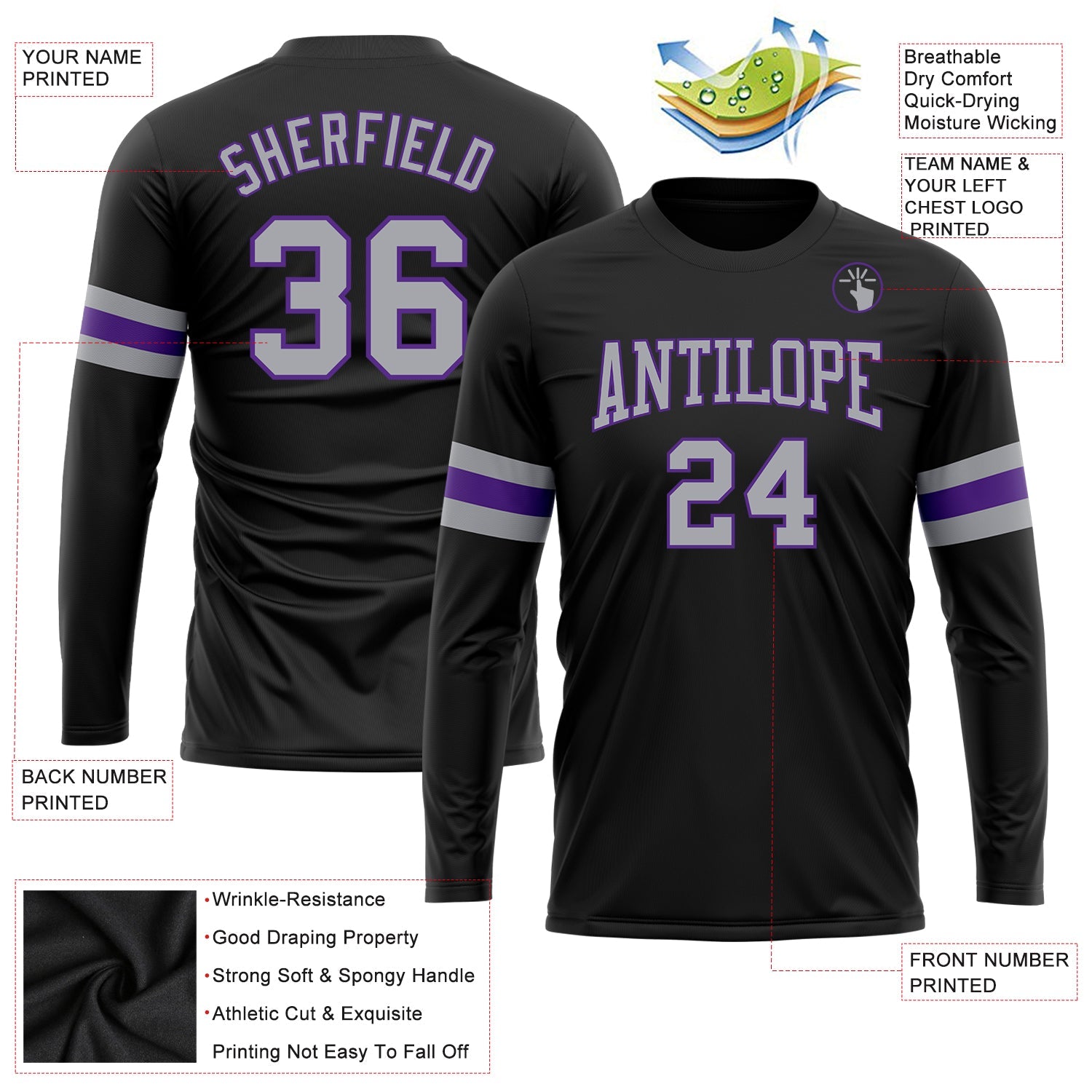 Custom Black Gray-Purple Long Sleeve Performance T-Shirt view 3