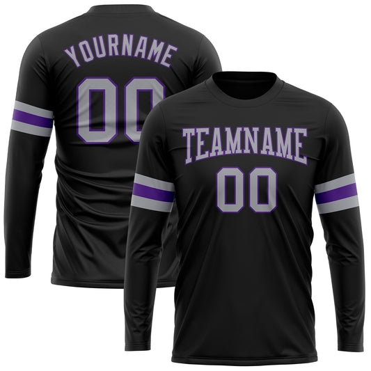 Custom Black Gray-Purple Long Sleeve Performance T-Shirt - Main View