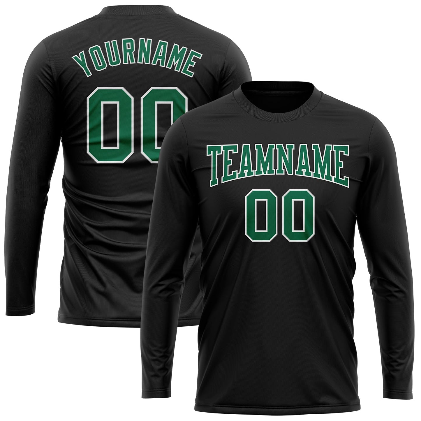 Custom Black Kelly Green-White Long Sleeve Performance T-Shirt view 2