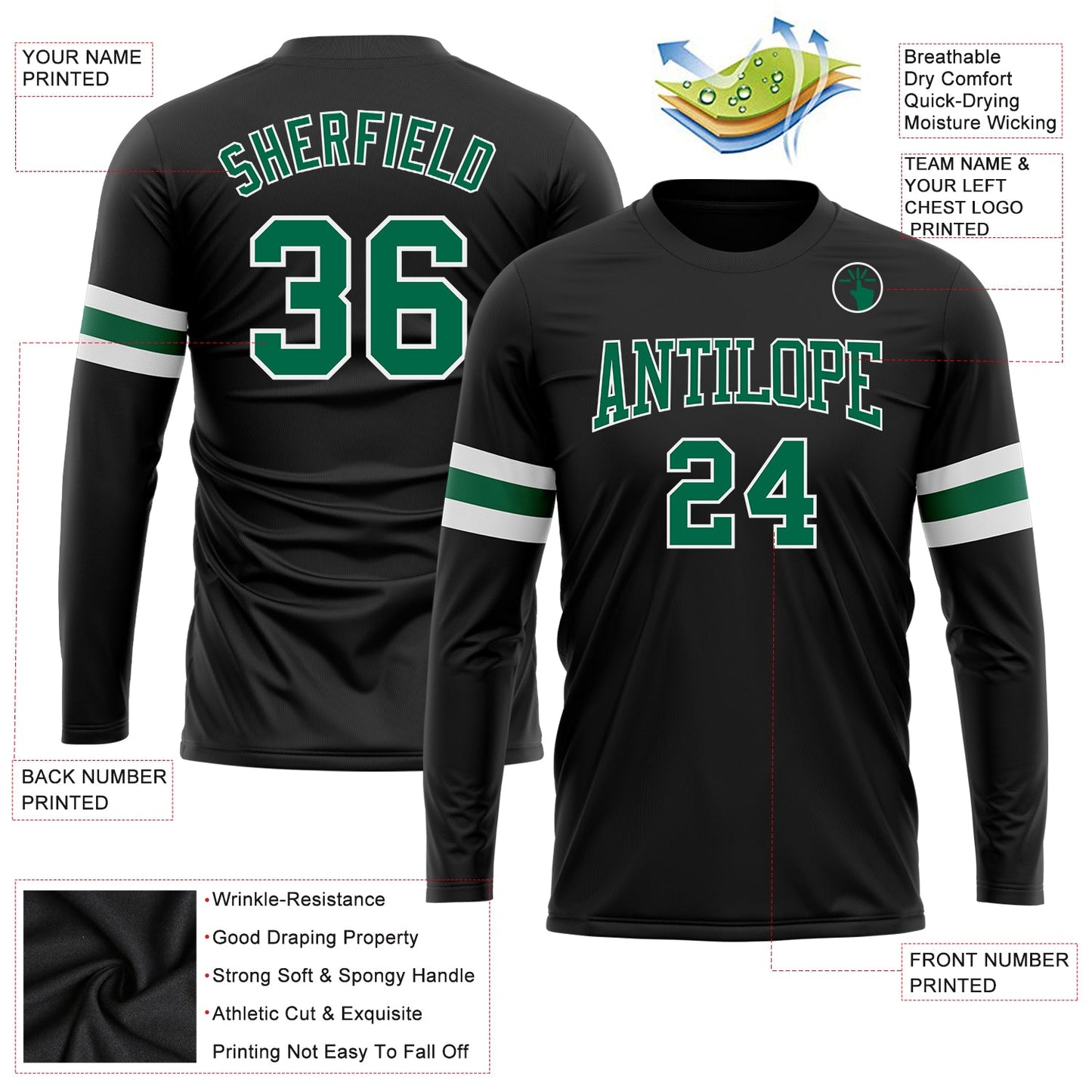 Custom Black Kelly Green-White Long Sleeve Performance T-Shirt view 3