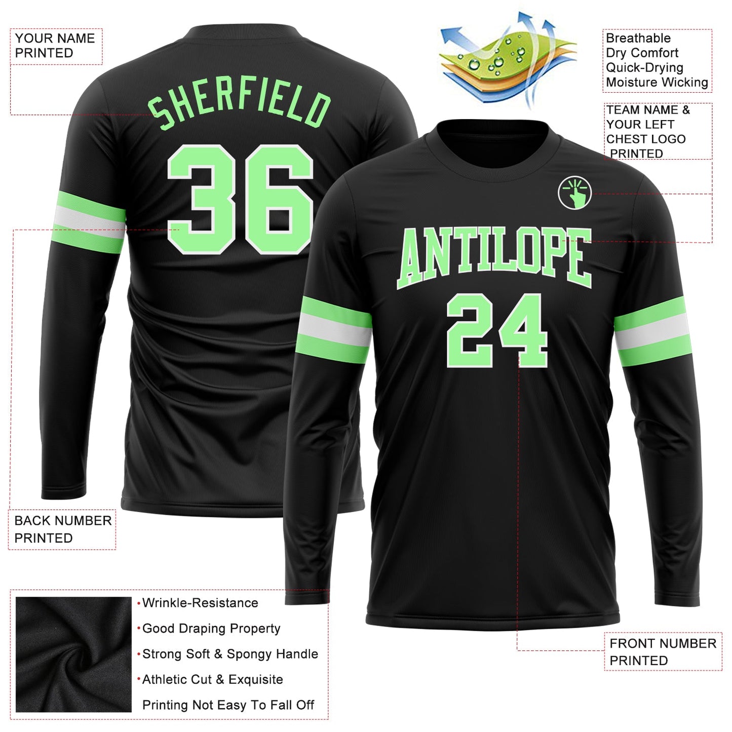 Custom Black Pea Green-White Long Sleeve Performance T-Shirt view 3