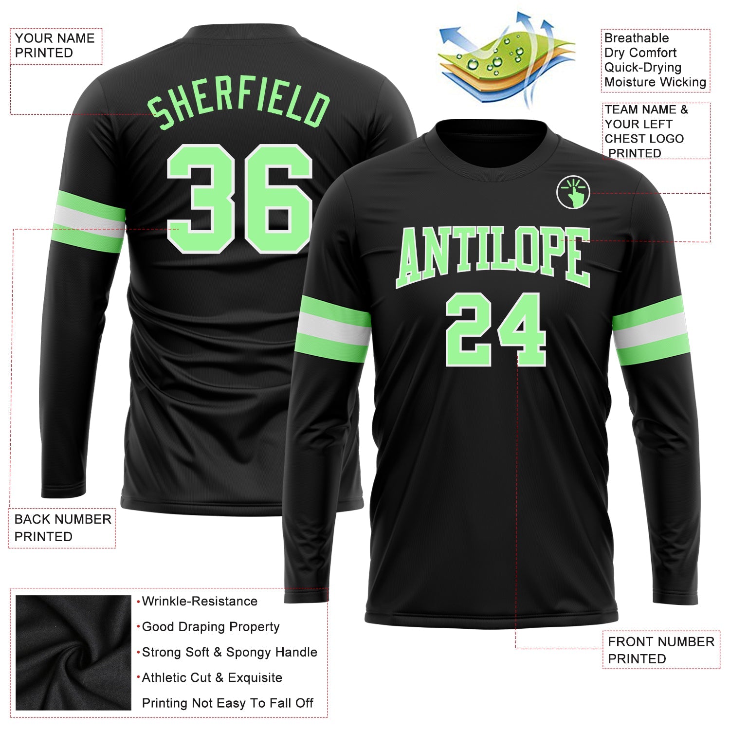 Custom Black Pea Green-White Long Sleeve Performance T-Shirt view 3