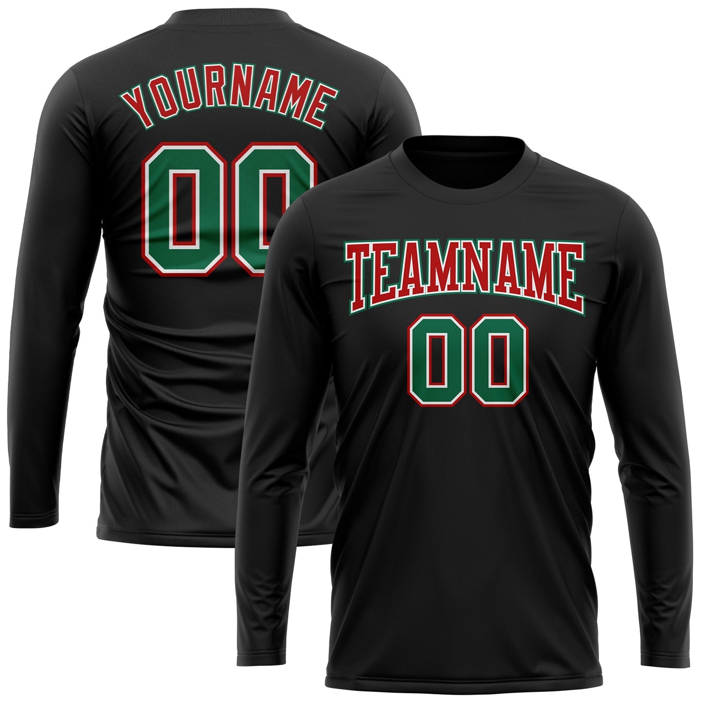 Custom Black Kelly Green Red-White Long Sleeve Performance T-Shirt view 2