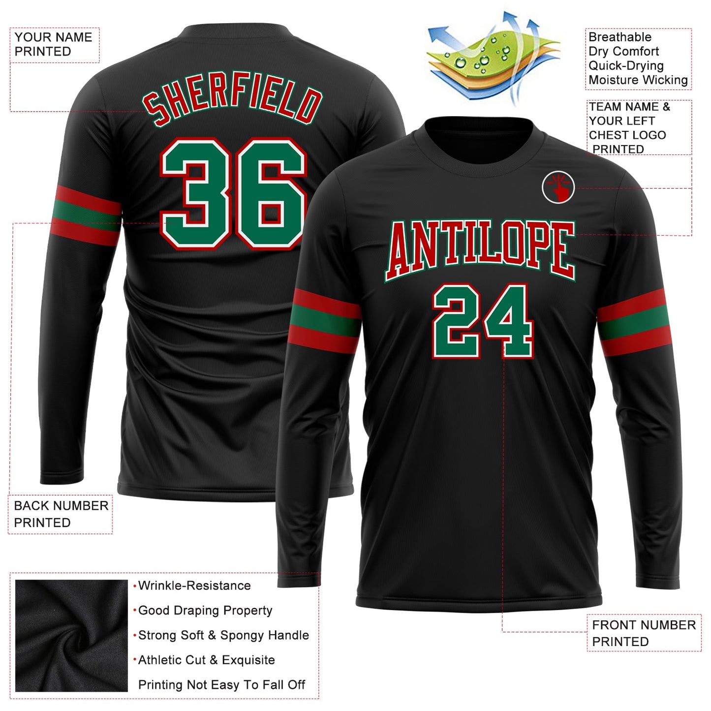 Custom Black Kelly Green Red-White Long Sleeve Performance T-Shirt view 3