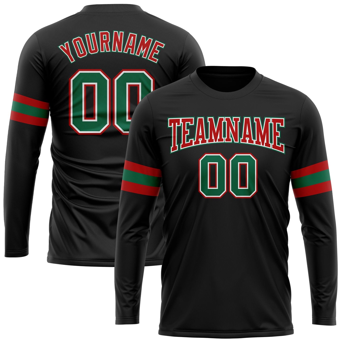 Custom Black Kelly Green Red-White Long Sleeve Performance T-Shirt - Main View