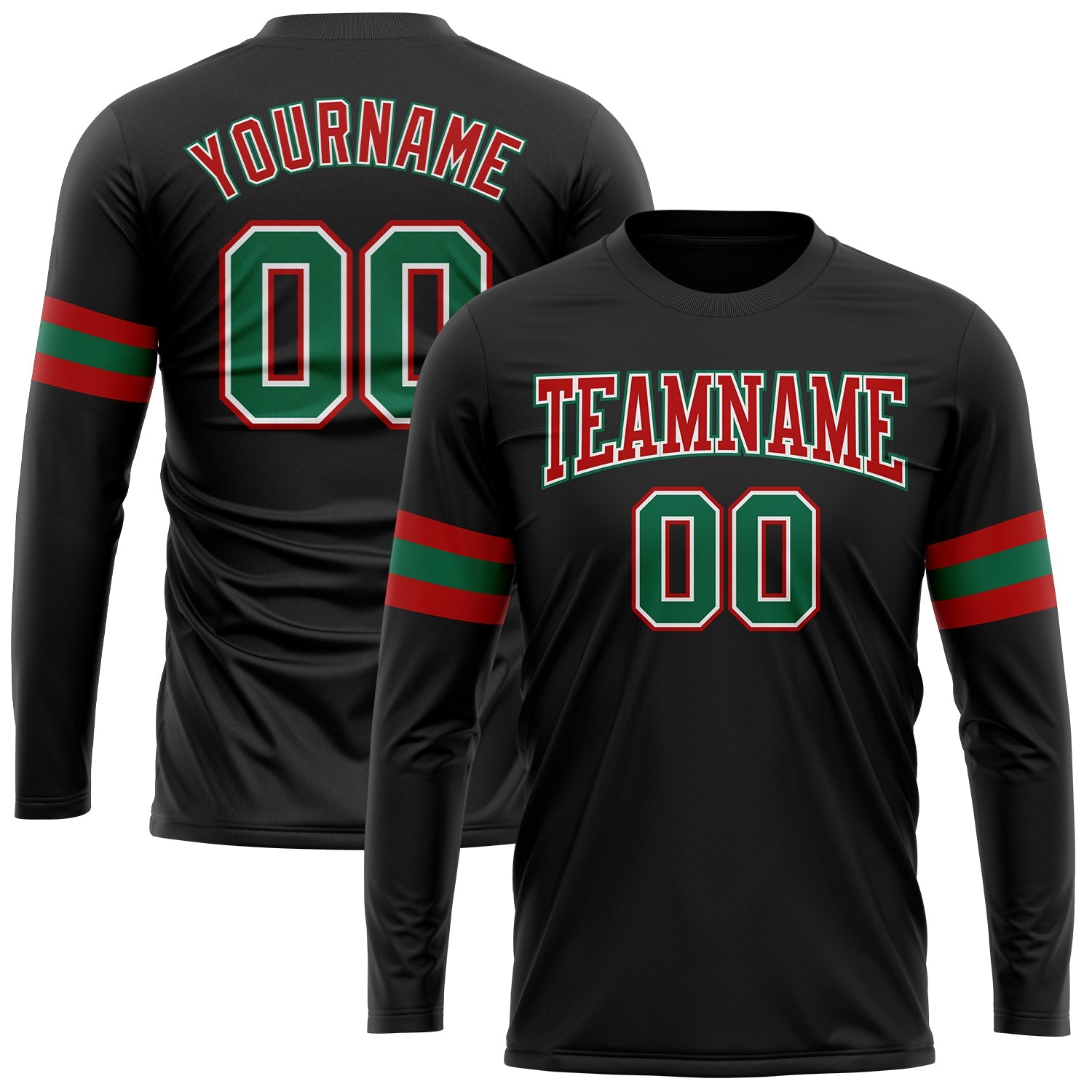 Custom Black Kelly Green Red-White Long Sleeve Performance T-Shirt - Main View