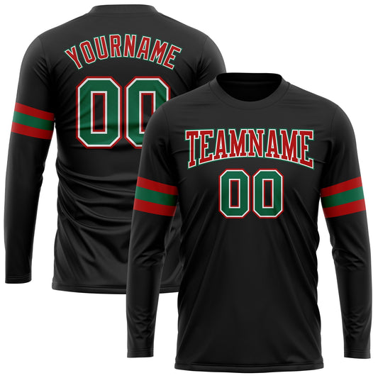 Custom Black Kelly Green Red-White Long Sleeve Performance T-Shirt - Main View