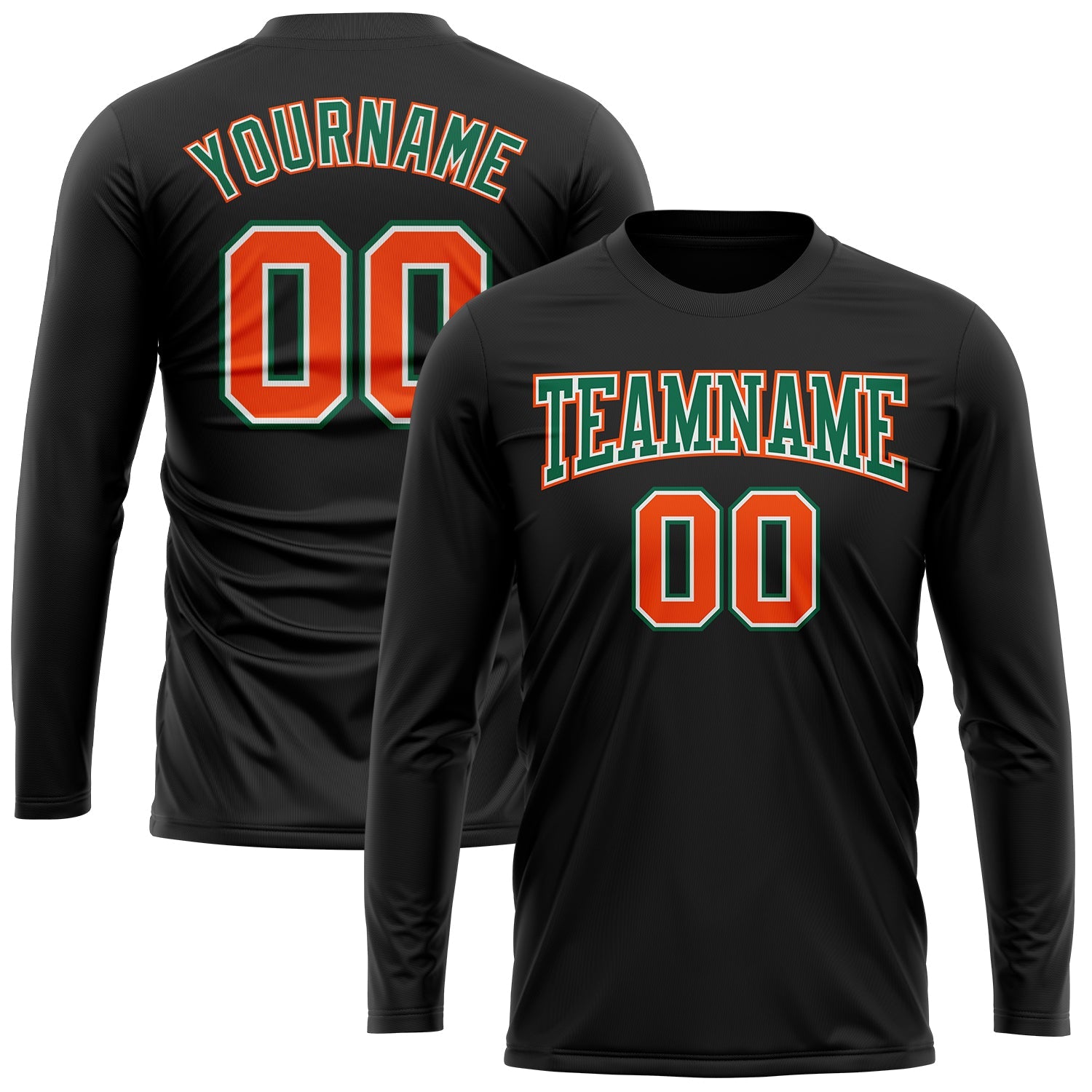 Custom Black Orange Kelly Green-White Long Sleeve Performance T-Shirt view 2