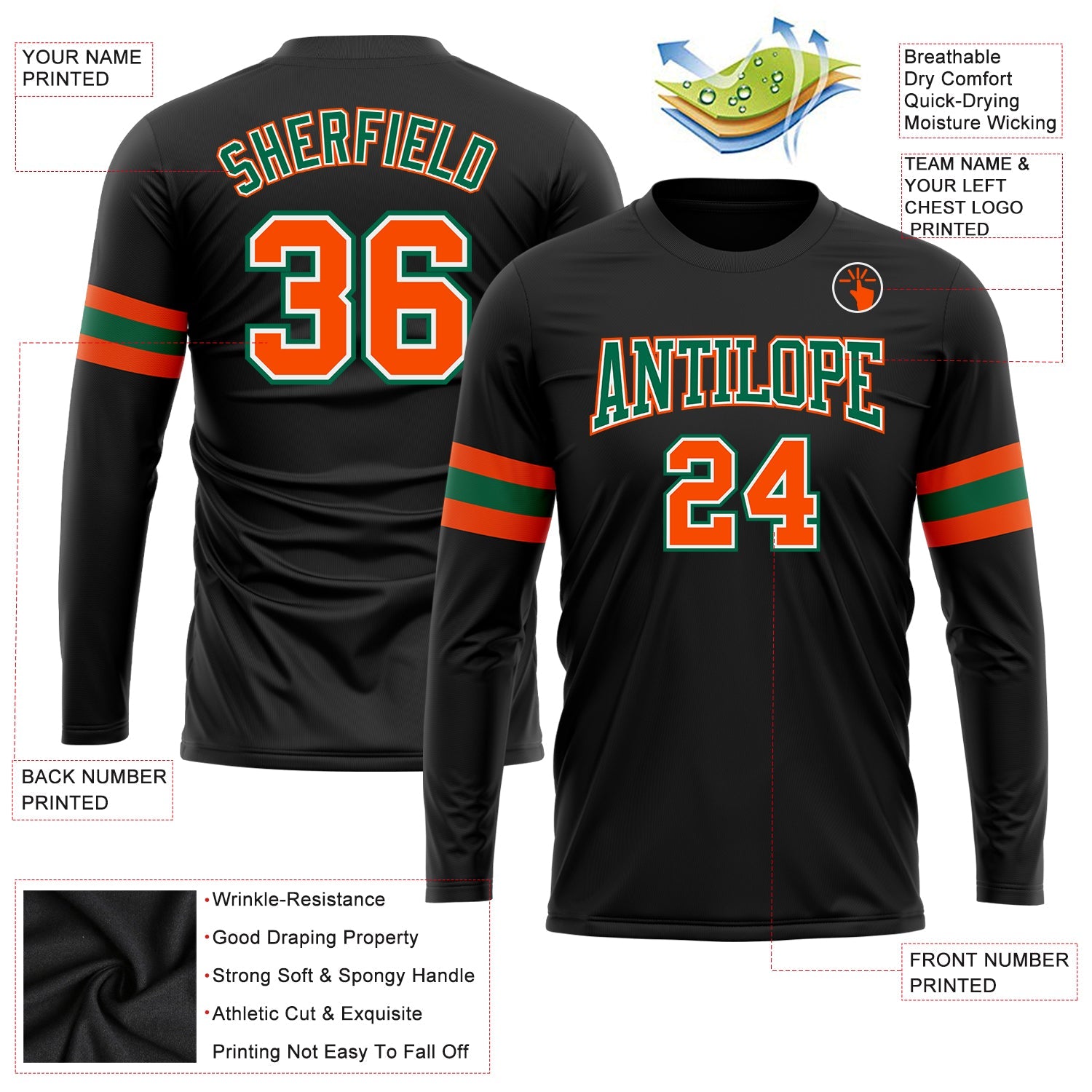 Custom Black Orange Kelly Green-White Long Sleeve Performance T-Shirt view 3