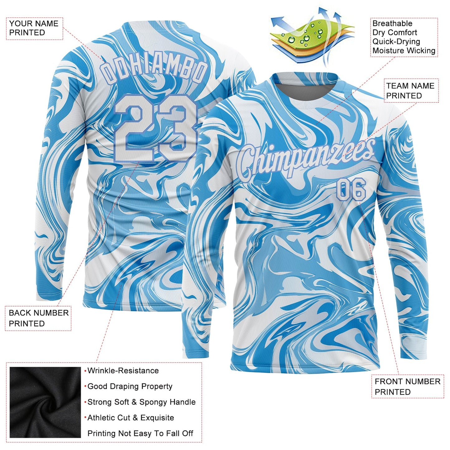 Custom 3D Pattern Design Abstract Ocean With Waves Fluid Art Long Sleeve Performance T-Shirt view 2