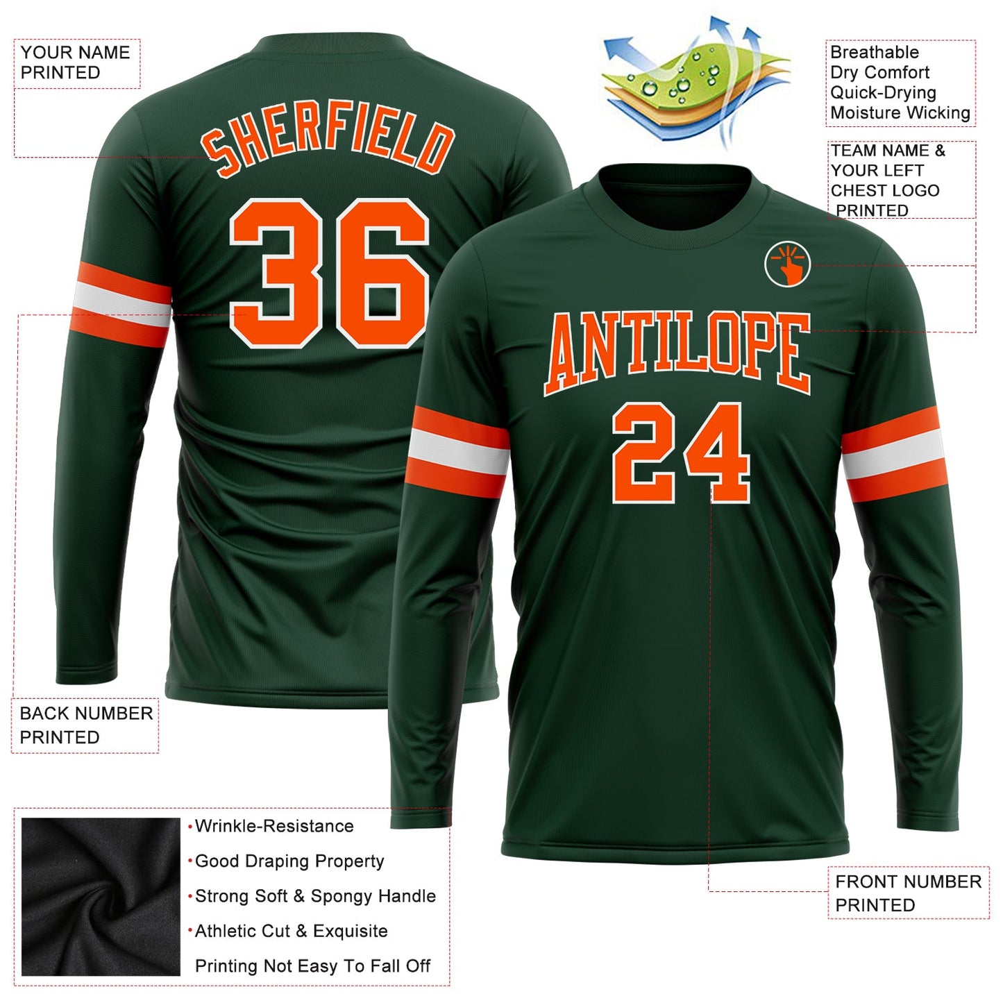 Custom Green Orange-White Long Sleeve Performance T-Shirt view 3
