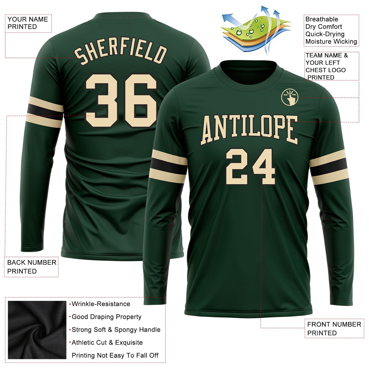 Custom Green Cream-Black Long Sleeve Performance T-Shirt view 3