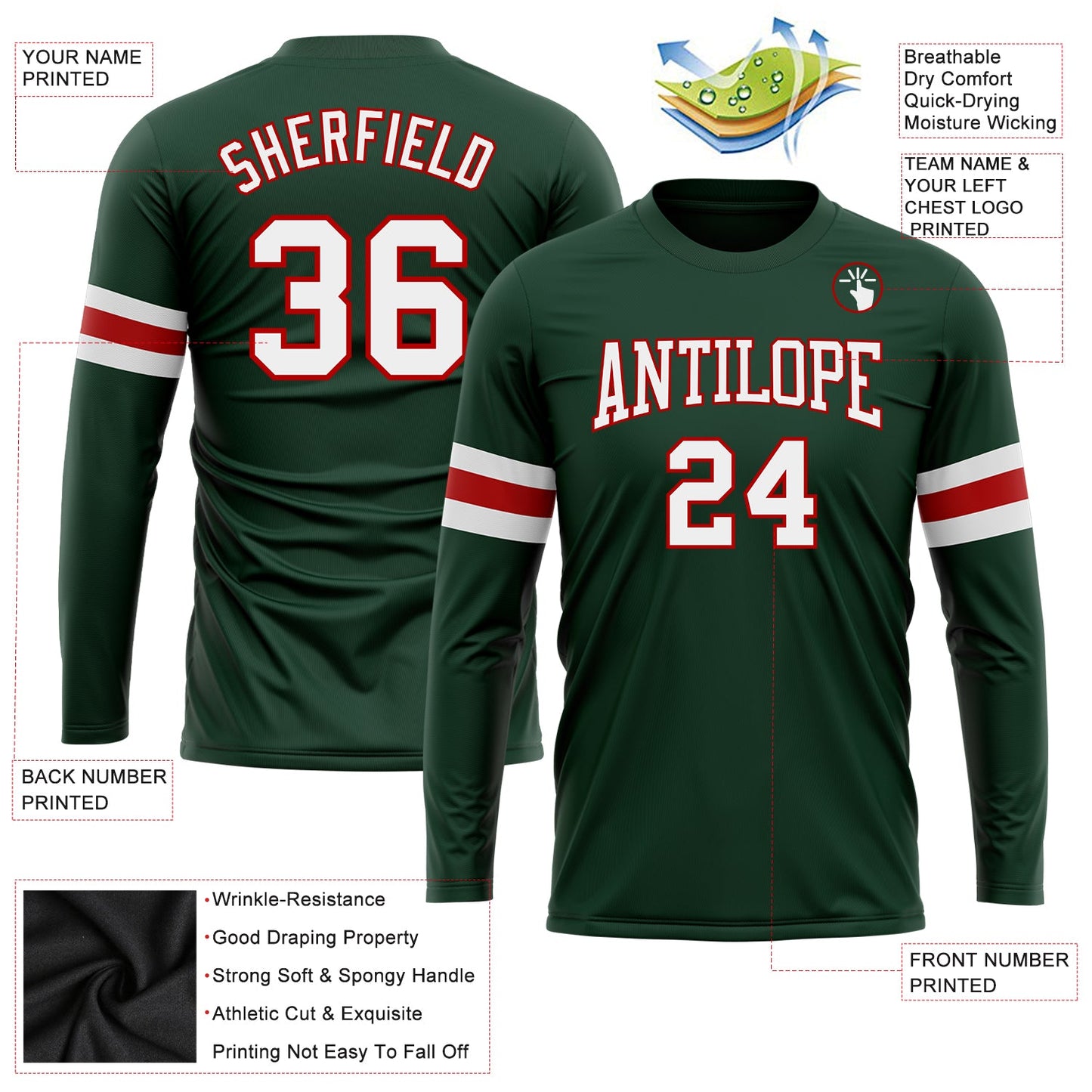 Custom Green White-Red Long Sleeve Performance T-Shirt view 3