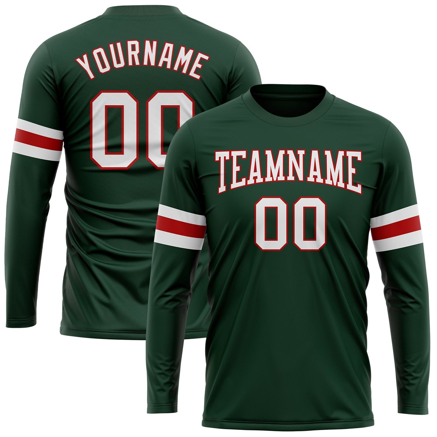Custom Green White-Red Long Sleeve Performance T-Shirt - Main View