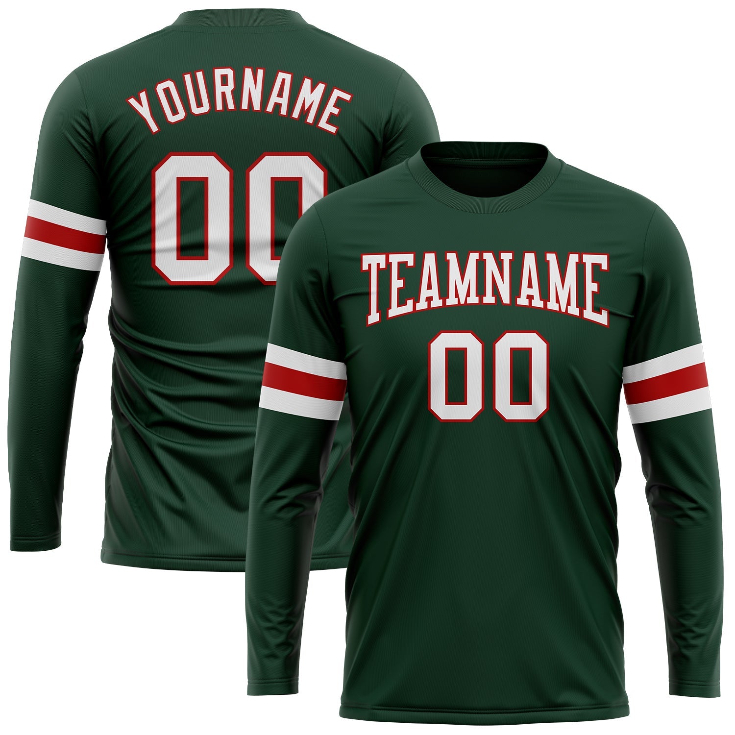 Custom Green White-Red Long Sleeve Performance T-Shirt - Main View