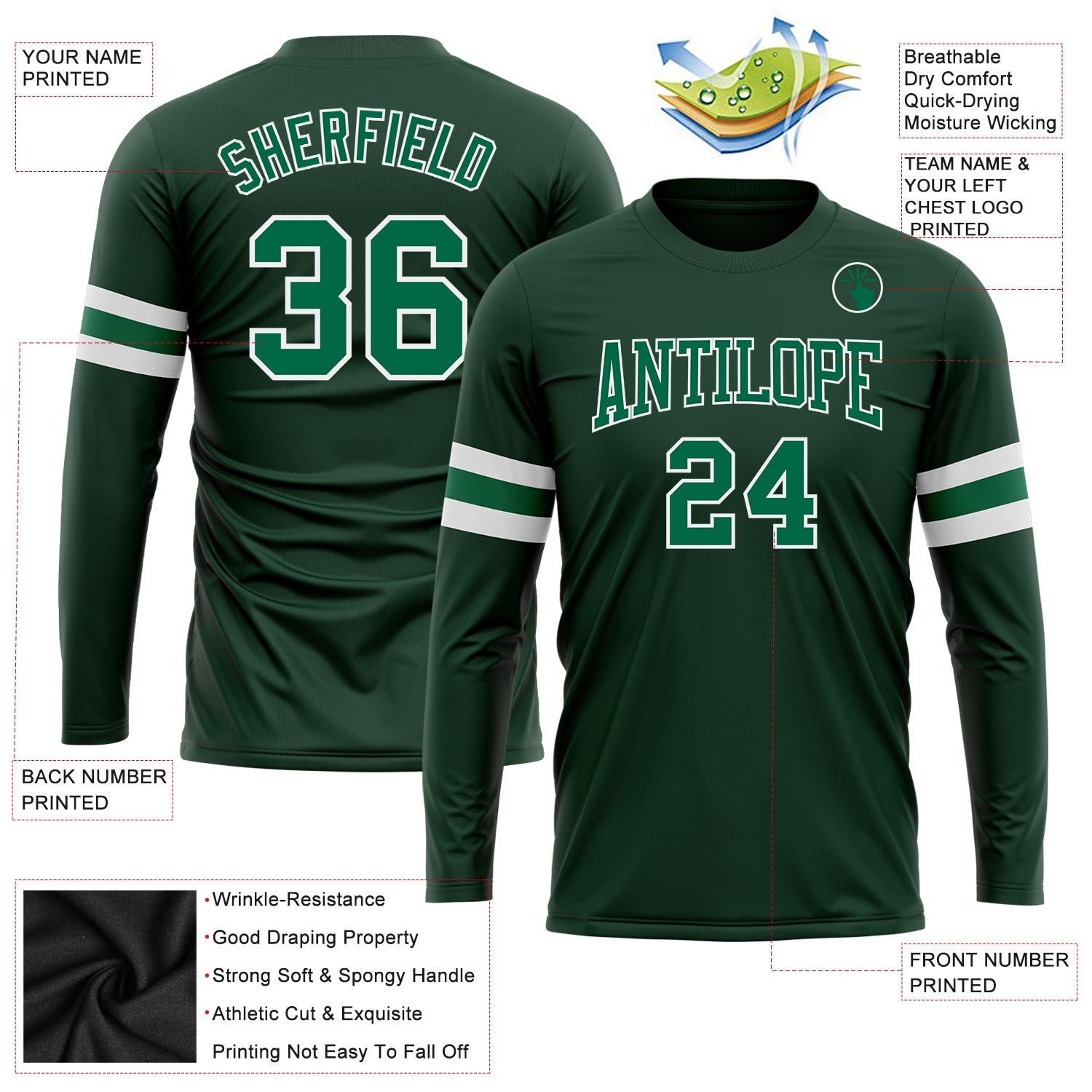 Custom Green Kelly Green-White Long Sleeve Performance T-Shirt view 3