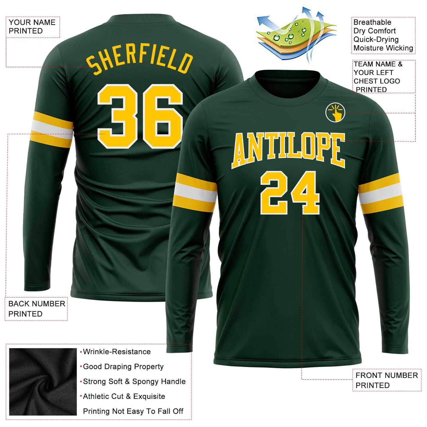 Custom Green Gold-White Long Sleeve Performance T-Shirt view 3