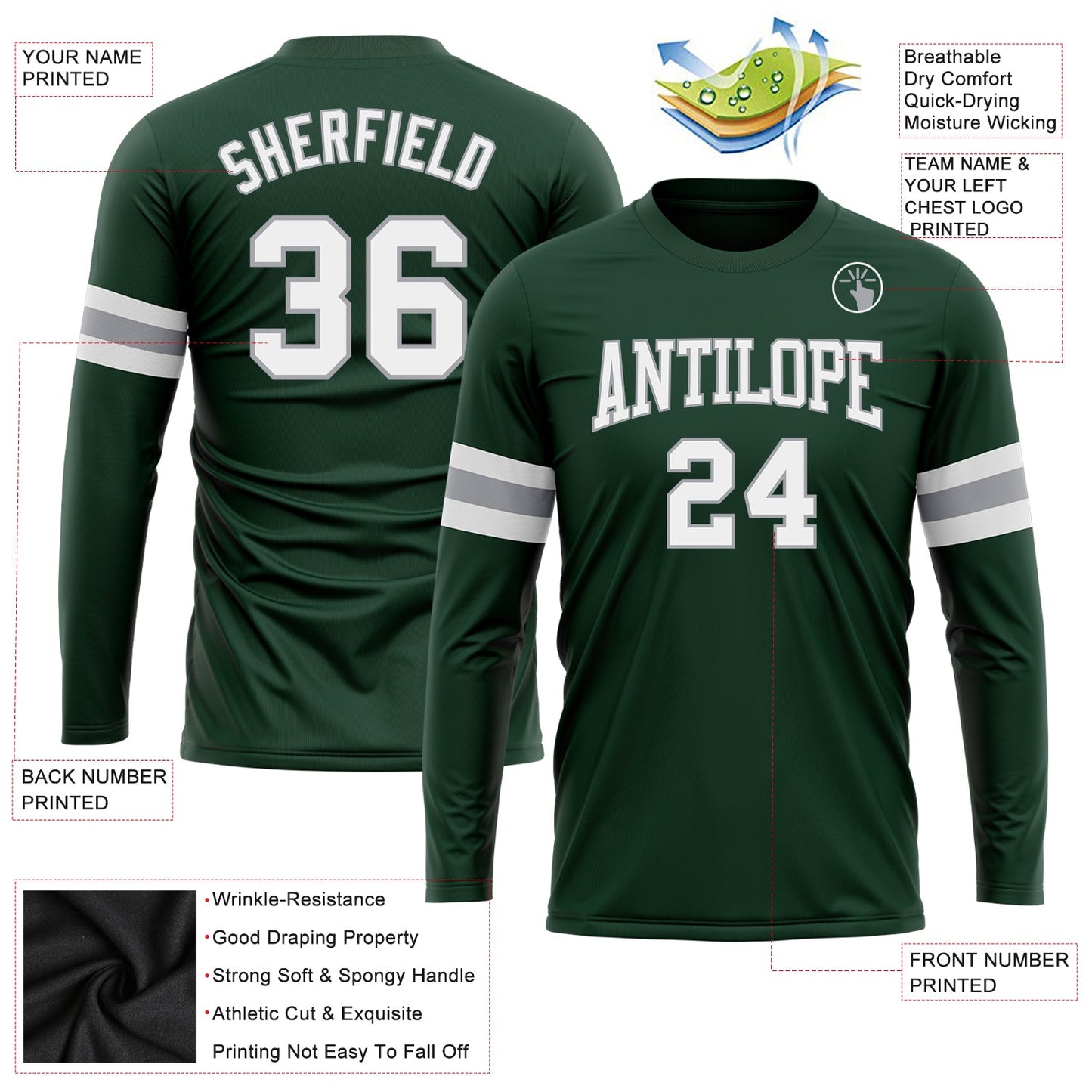 Custom Green White-Gray Long Sleeve Performance T-Shirt view 3