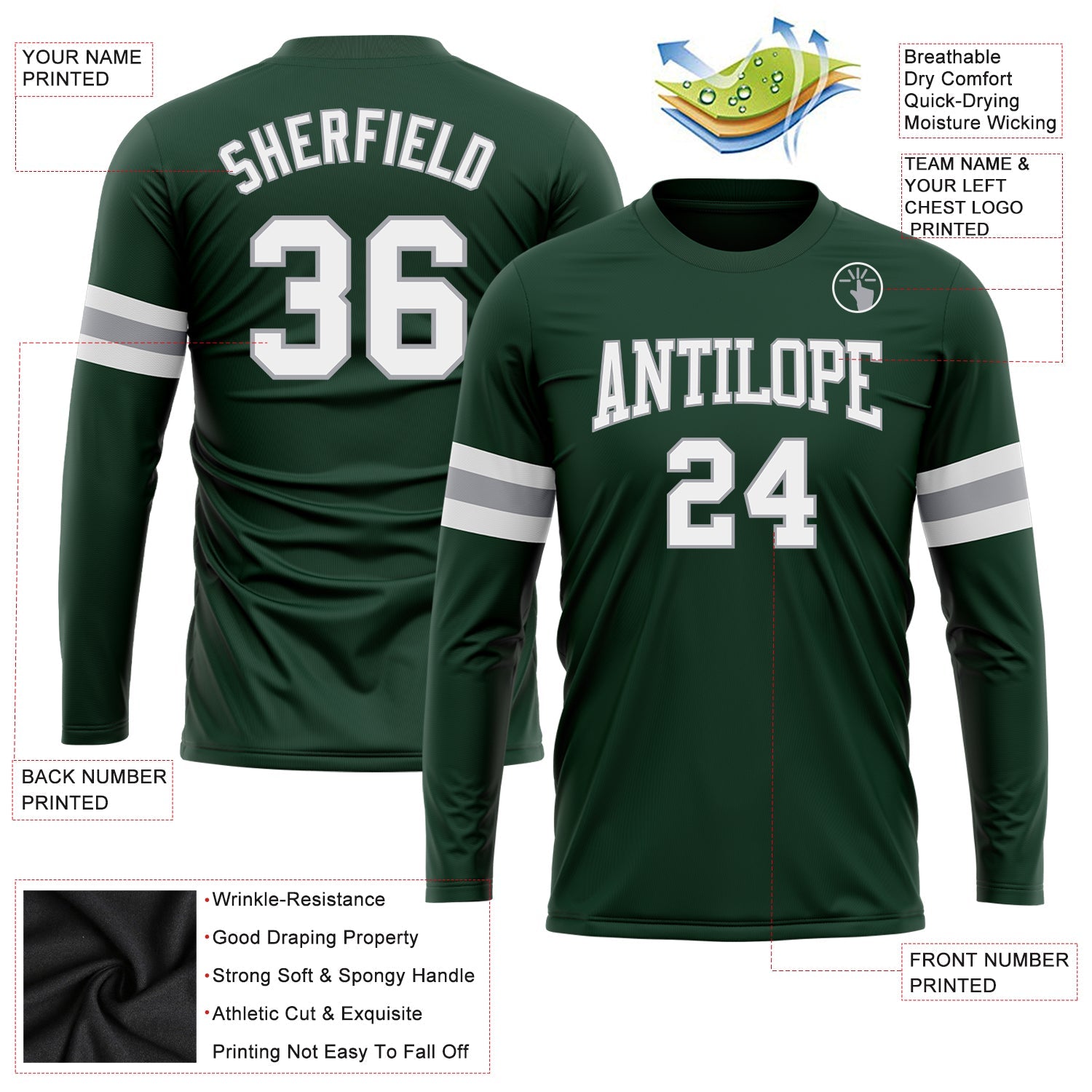 Custom Green White-Gray Long Sleeve Performance T-Shirt view 3