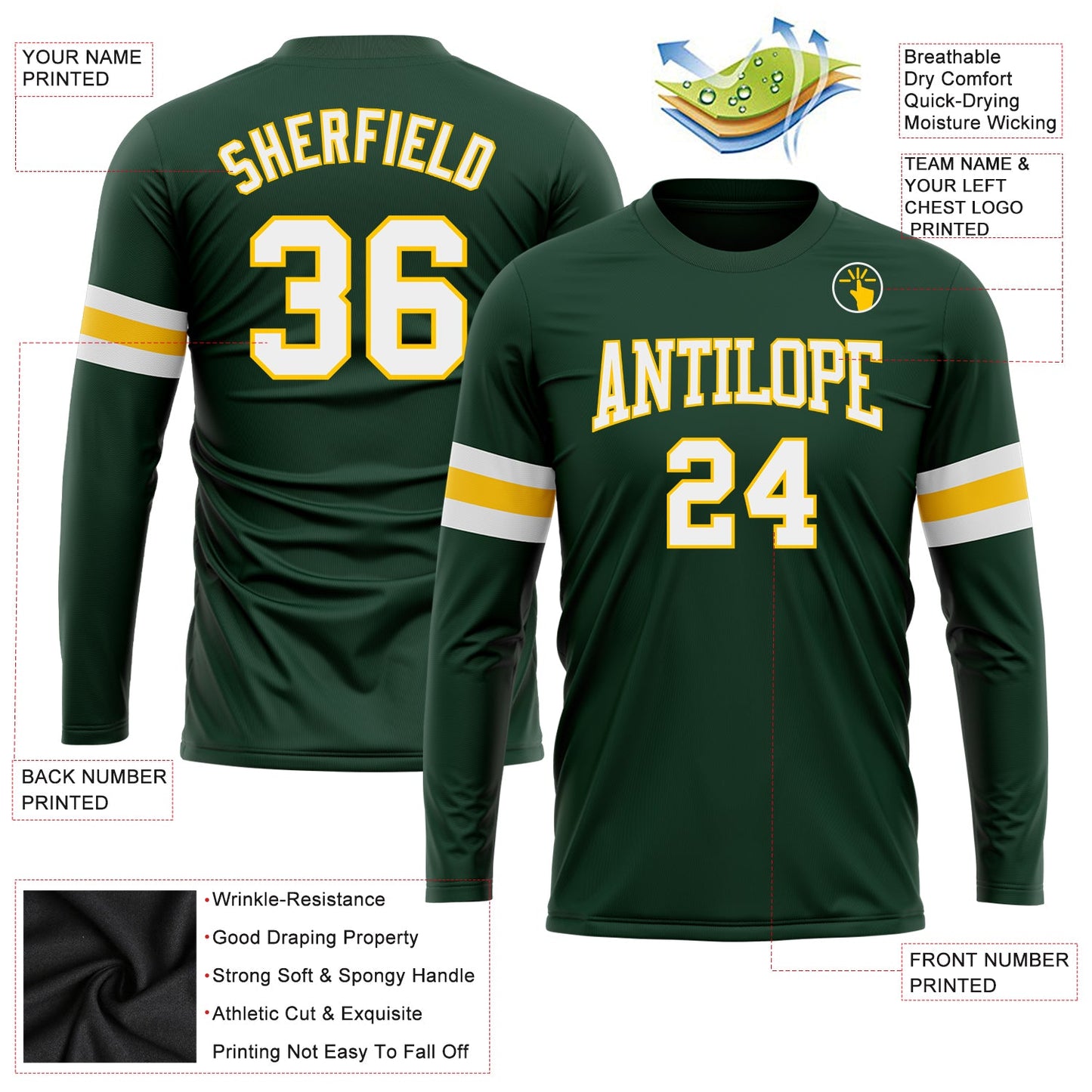 Custom Green White-Gold Long Sleeve Performance T-Shirt view 3