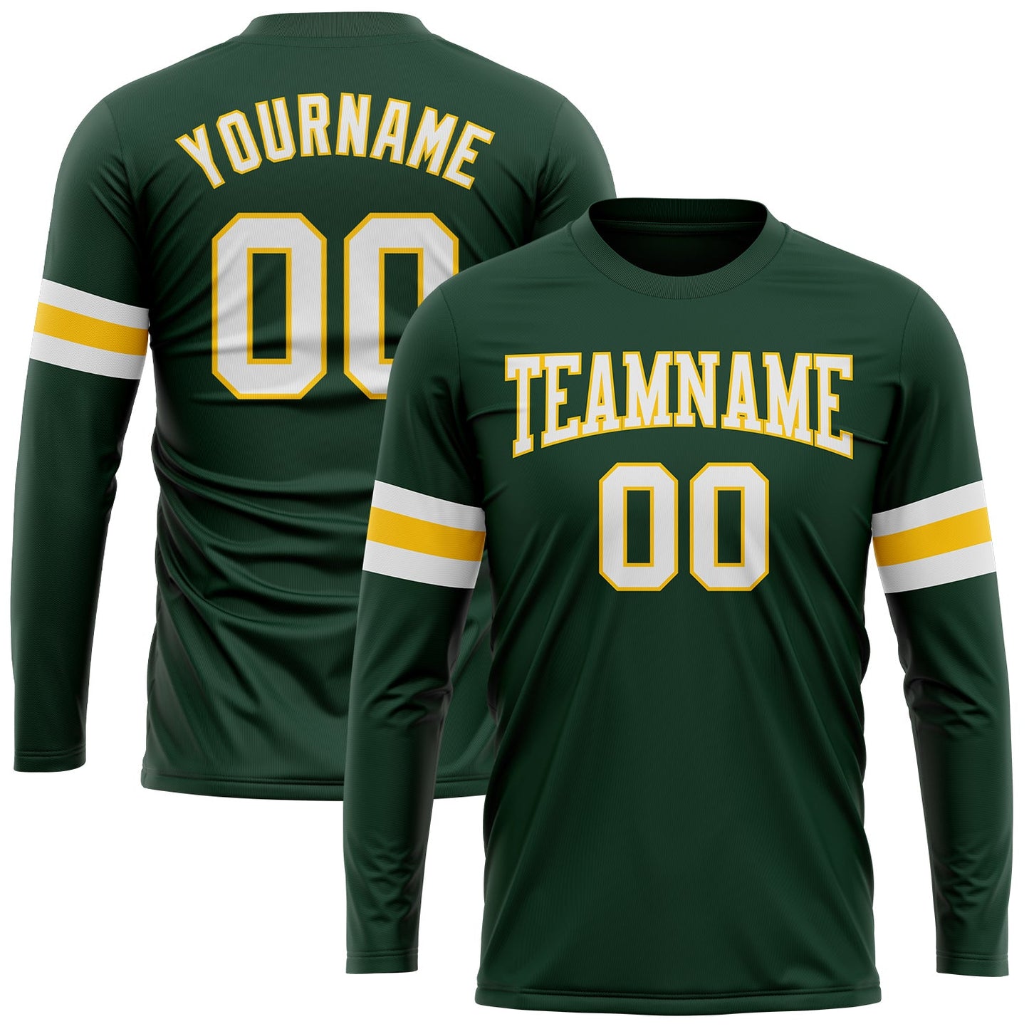 Custom Green White-Gold Long Sleeve Performance T-Shirt - Main View