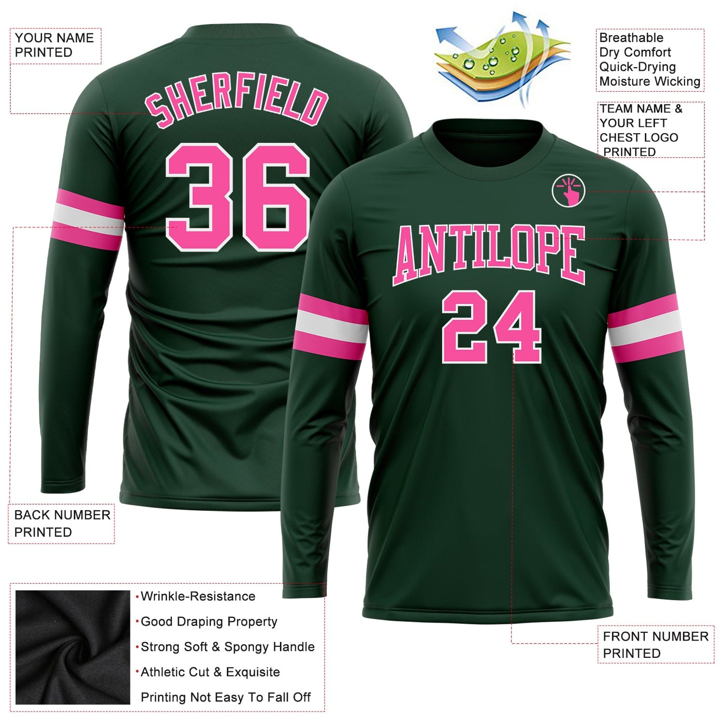 Custom Green Pink-White Long Sleeve Performance T-Shirt view 3