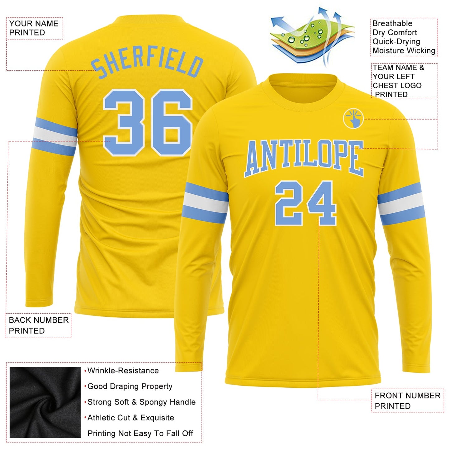 Custom Gold Light Blue-White Long Sleeve Performance T-Shirt view 3