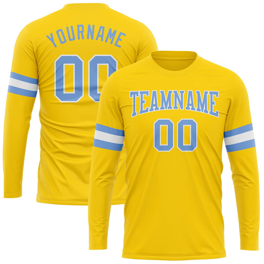 Custom Gold Light Blue-White Long Sleeve Performance T-Shirt - Main View
