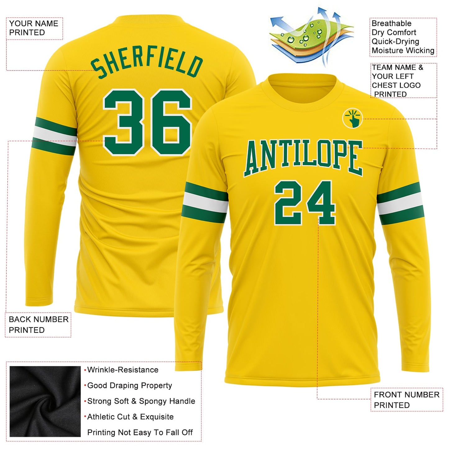 Custom Gold Kelly Green-White Long Sleeve Performance T-Shirt view 3