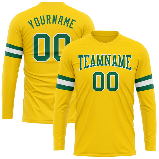 Custom Gold Kelly Green-White Long Sleeve Performance T-Shirt - Main View