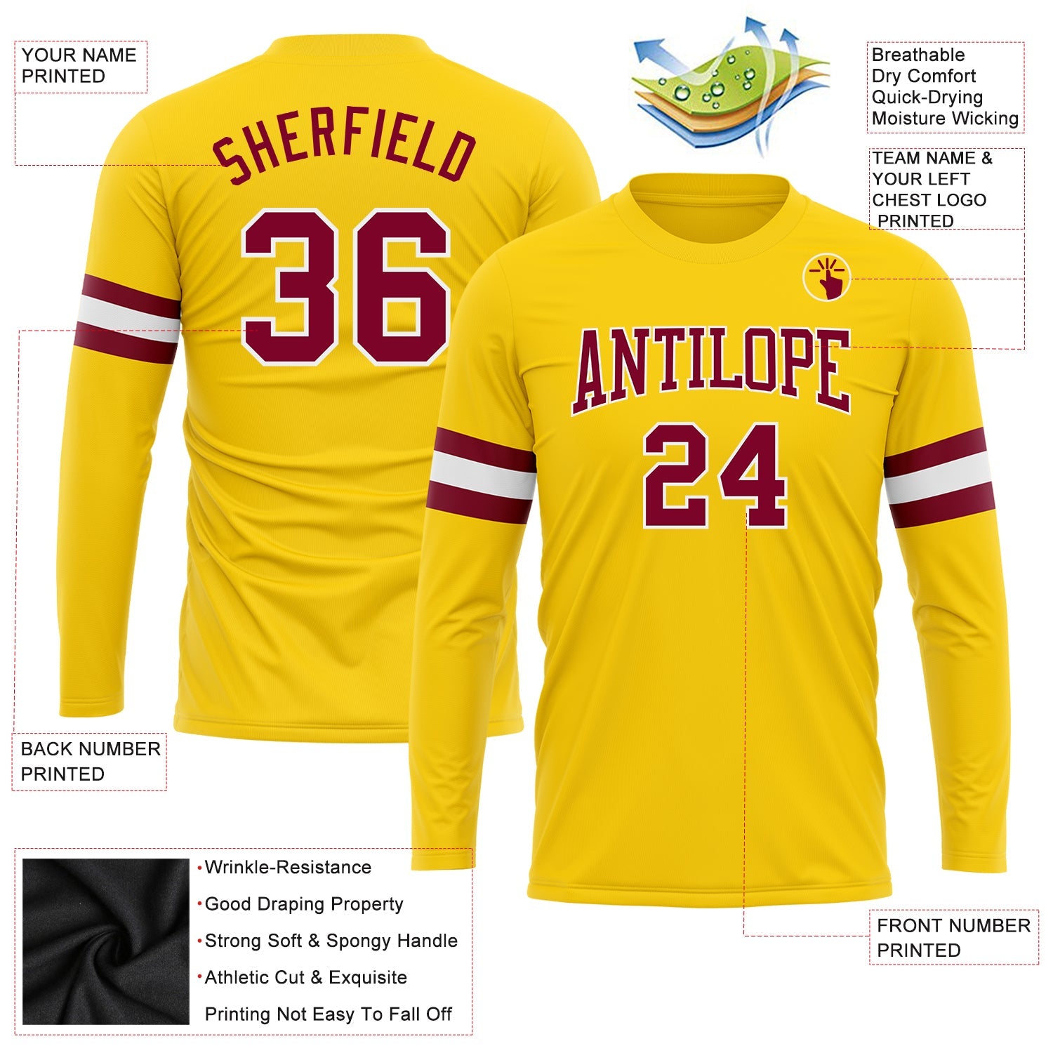 Custom Gold Maroon-White Long Sleeve Performance T-Shirt view 3