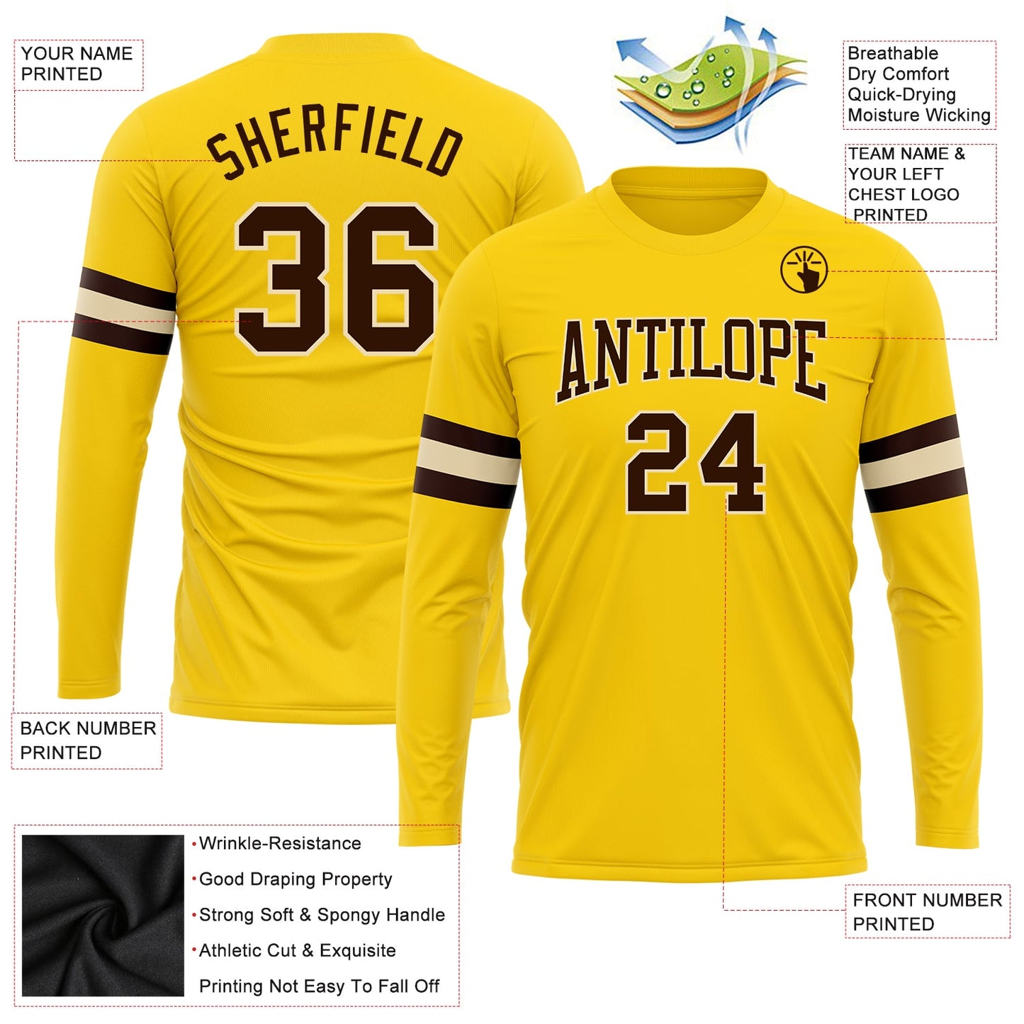 Custom Gold Brown-Cream Long Sleeve Performance T-Shirt view 3