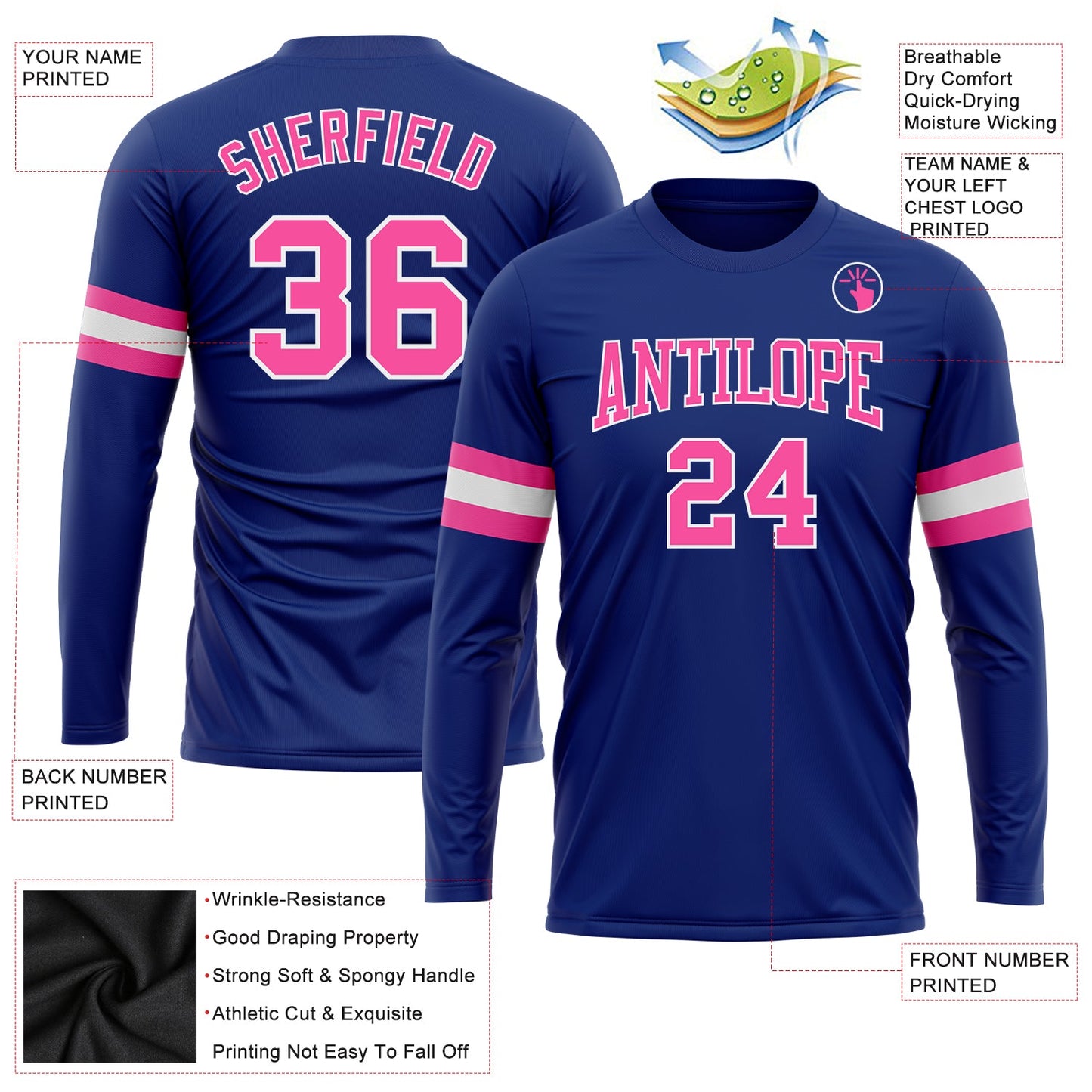Custom Royal Pink-White Long Sleeve Performance T-Shirt view 3