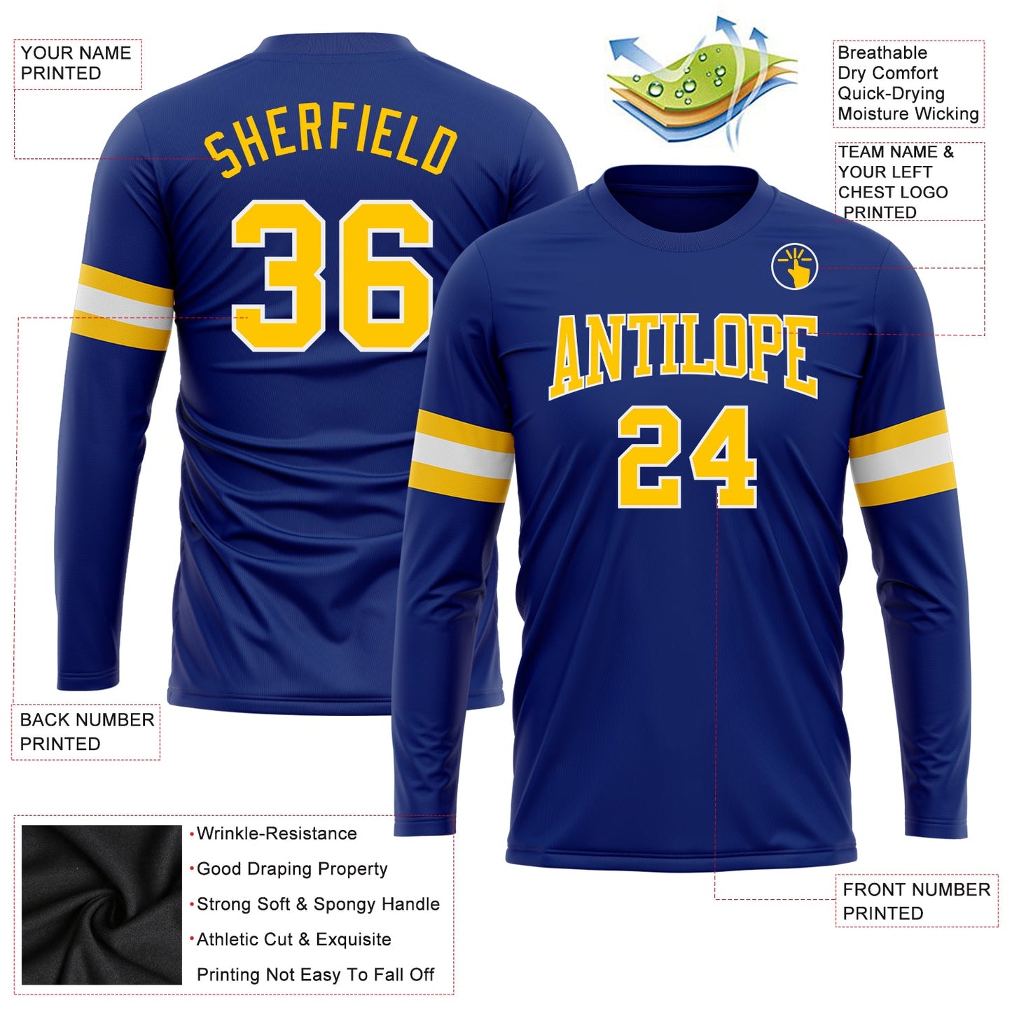 Custom Royal Gold-White Long Sleeve Performance T-Shirt view 3
