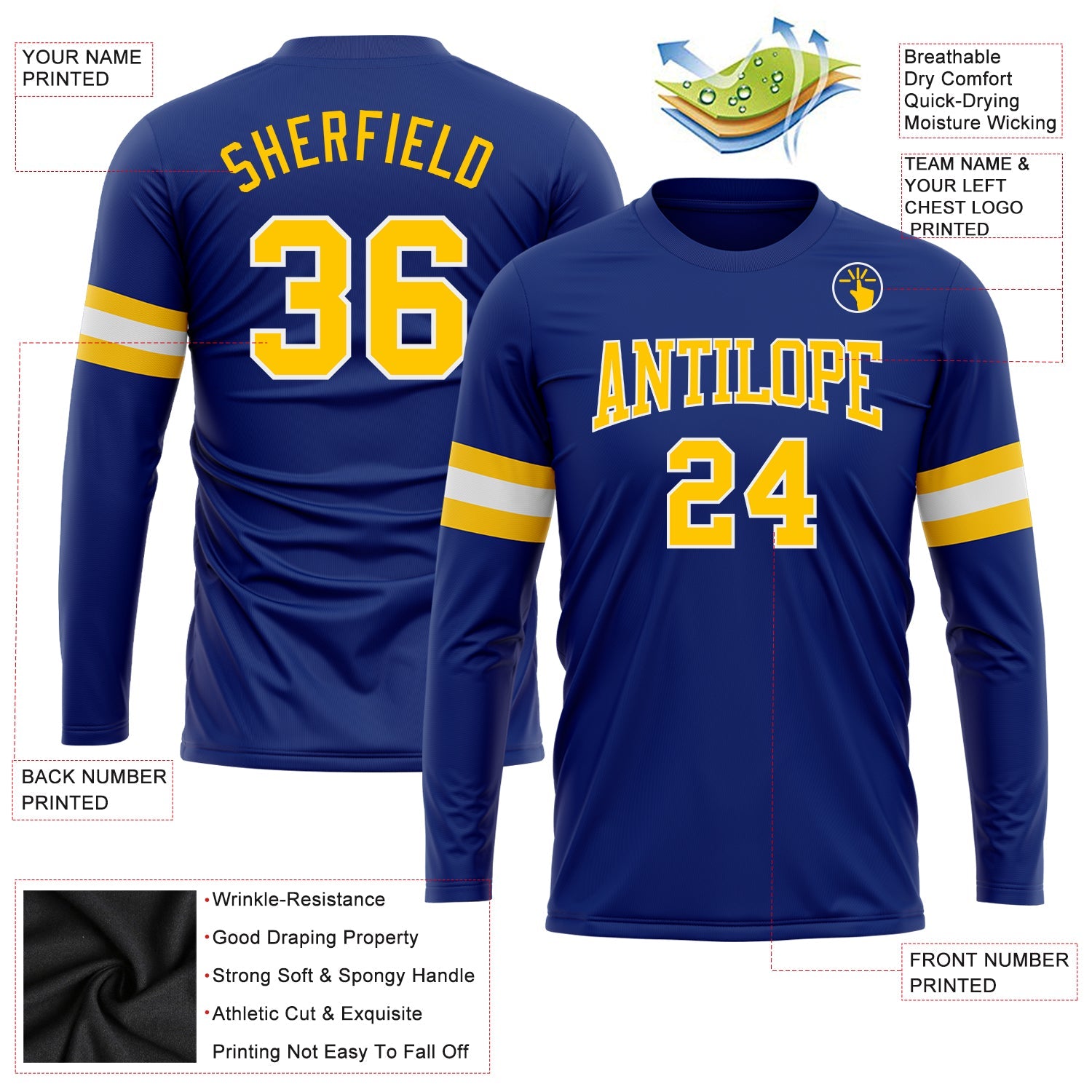 Custom Royal Gold-White Long Sleeve Performance T-Shirt view 3