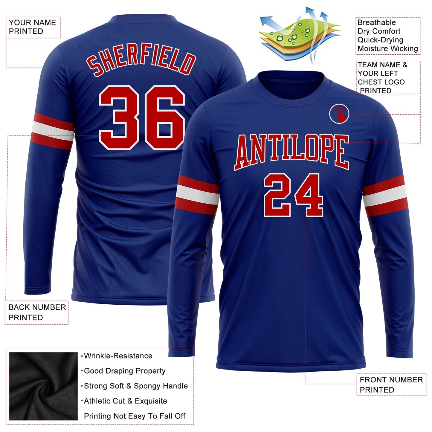 Custom Royal Red-White Long Sleeve Performance T-Shirt view 3