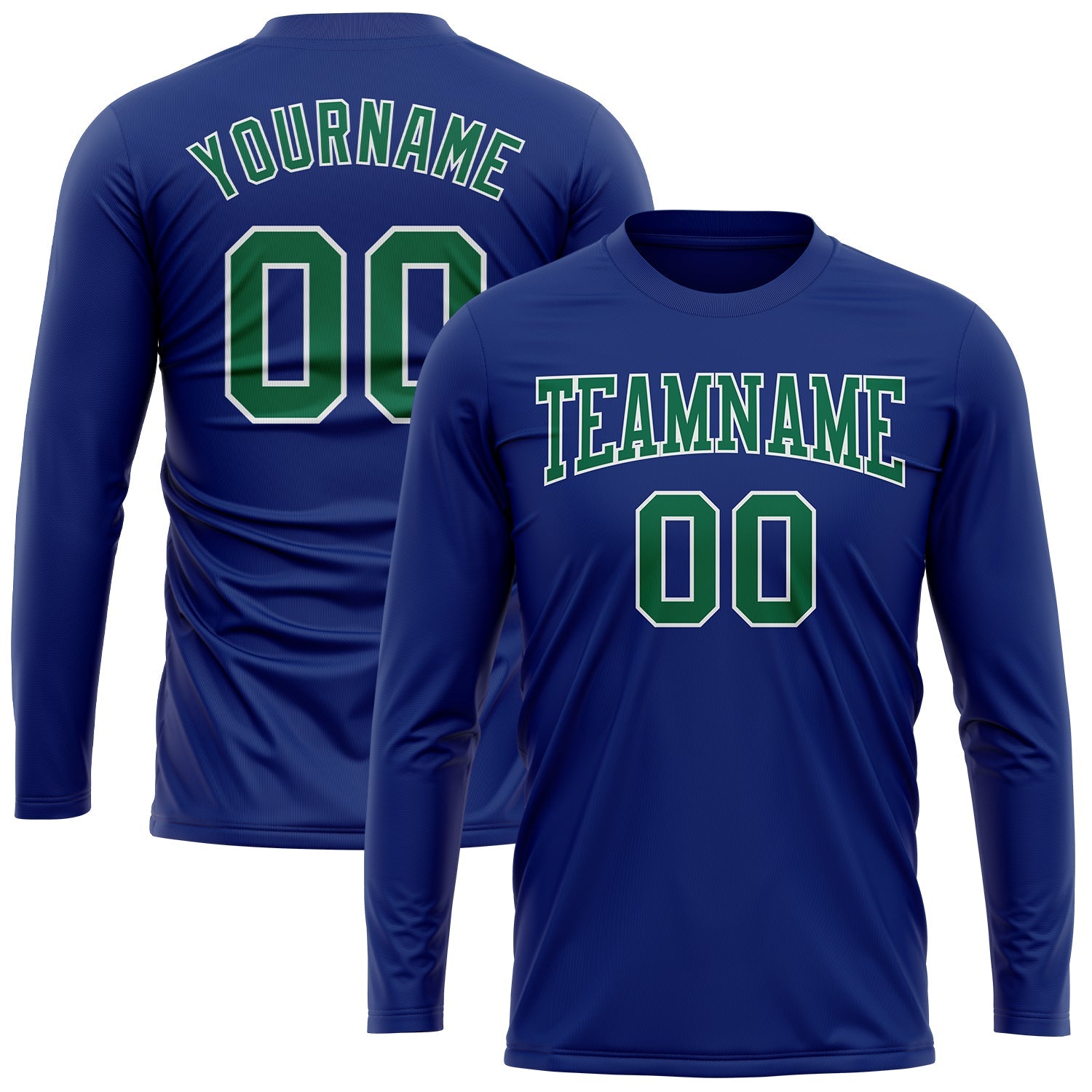 Custom Royal Kelly Green-White Long Sleeve Performance T-Shirt view 2
