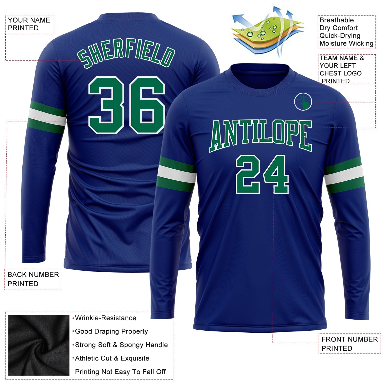 Custom Royal Kelly Green-White Long Sleeve Performance T-Shirt view 3