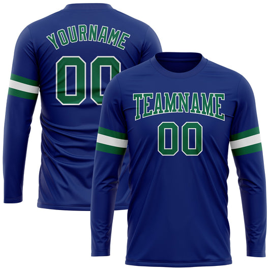 Custom Royal Kelly Green-White Long Sleeve Performance T-Shirt - Main View